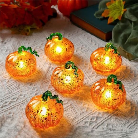 6 Pcs Thanksgiving Hand Blown LED Glass Pumpkin Decoration (Orange) - Picture 1 of 7